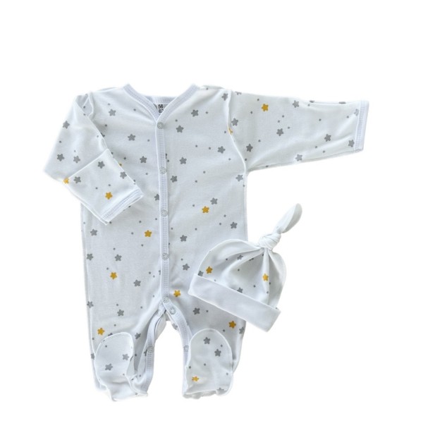 Комплект: Слип на кнопках + шапочка-узелок со швами наружу 56-62 см "Серо-желтые звездочки" Т-097 Комплект: Слип на кнопках + шапочка-узелок со швами наружу 56-62 см "Серо-желтые звездочки" Т-097