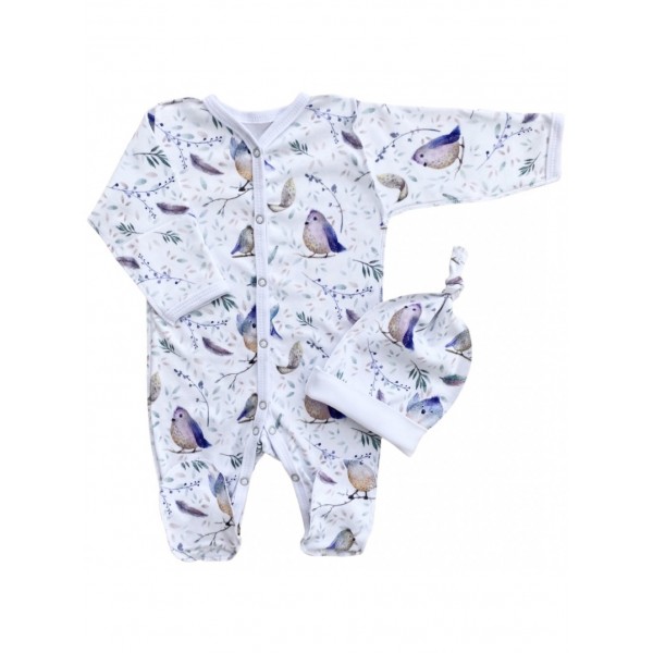 Комплект: Слип на кнопках + шапочка-узелок со швами наружу 56-62 см "Птички" Т-097 Комплект: Слип на кнопках + шапочка-узелок со швами наружу 56-62 см "Птички" Т-097