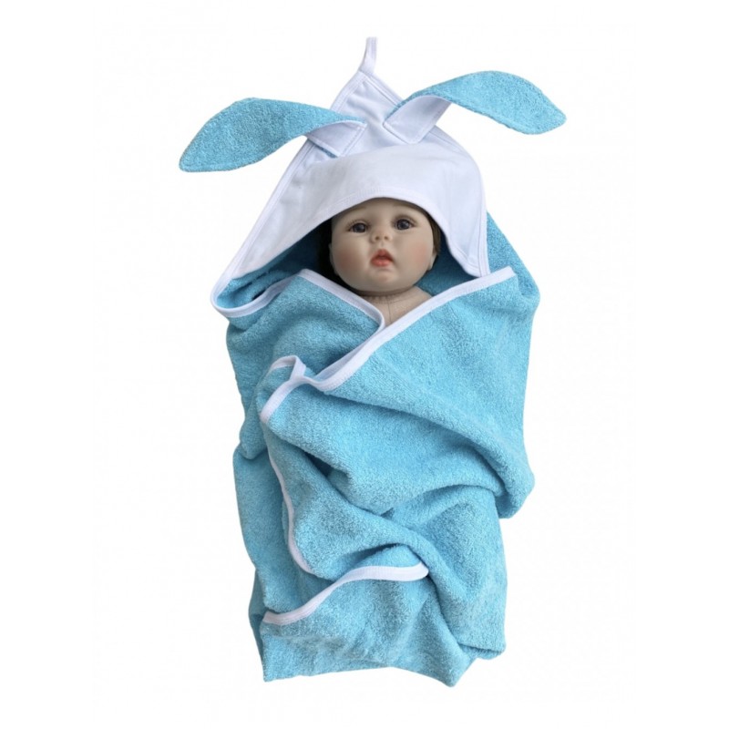 Детская банная пеленка с капюшоном -уголком "Ушастик зайка " махра 80*85 см цвет: мята 044/У Детская банная пеленка с капюшоном -уголком "Ушастик зайка " махра 80*85 см цвет: мята 044/У