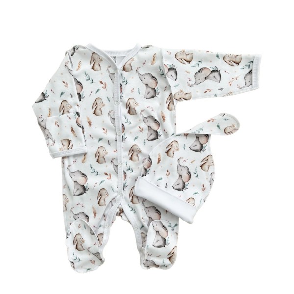 Комплект: Слип на кнопках + шапочка-узелок со швами наружу 56-62 см "Слоники и зайки" Т-097 Комплект: Слип на кнопках + шапочка-узелок со швами наружу 56-62 см "Слоники и зайки" Т-097