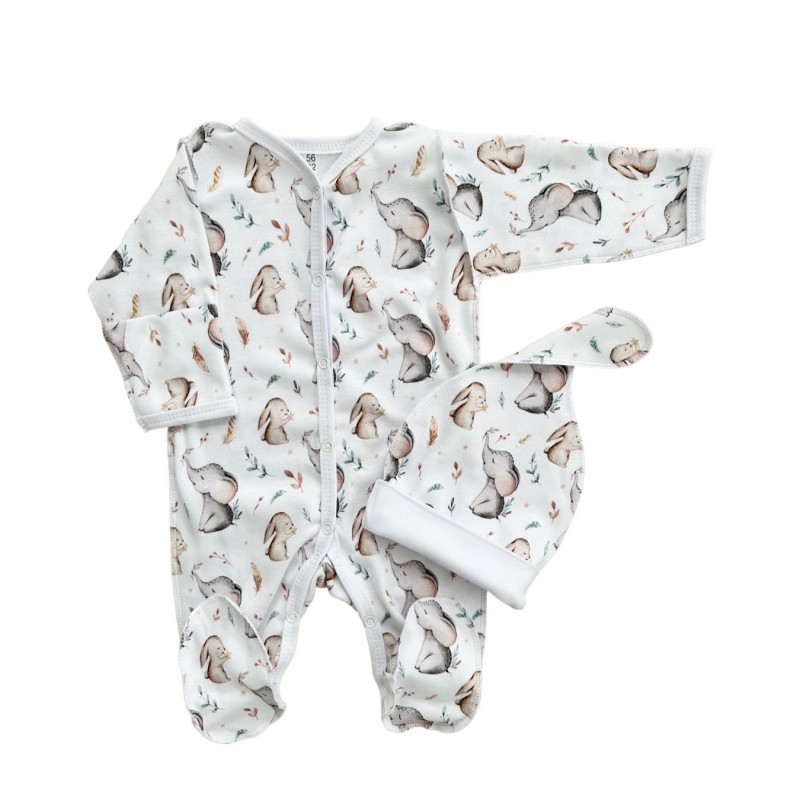 Комплект: Слип на кнопках + шапочка-узелок со швами наружу 56-62 см "Слоники и зайки" Т-097 Комплект: Слип на кнопках + шапочка-узелок со швами наружу 56-62 см "Слоники и зайки" Т-097