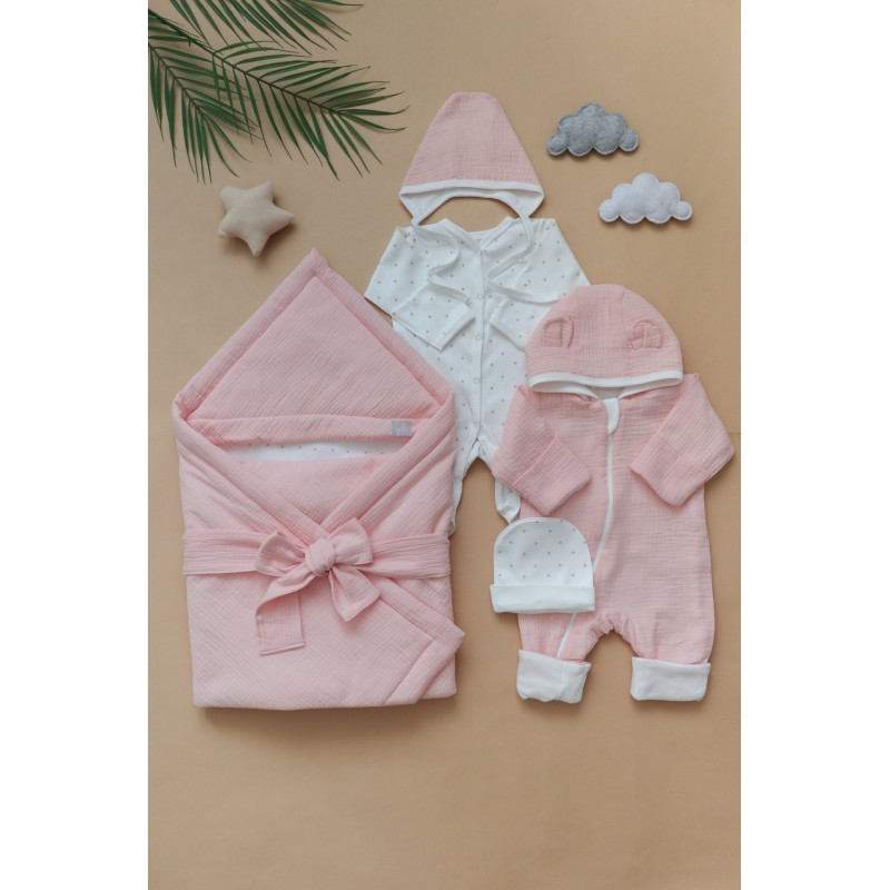 Муслиновый комплект на выписку и прогулки 6 предметов цвет: розовый 0317 Муслиновый комплект на выписку и прогулки 6 предметов цвет: розовый 0317