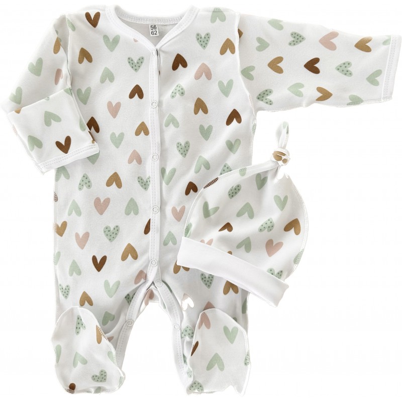 Комплект: Слип на кнопках + шапочка-узелок со швами наружу 56-62 см " Сердечки " Т-097 Комплект: Слип на кнопках + шапочка-узелок со швами наружу 56-62 см " Сердечки " Т-097