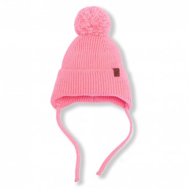 Вязаная шапочка на завязках с помпоном М 42-44/46 см цвет: роза 7095-118