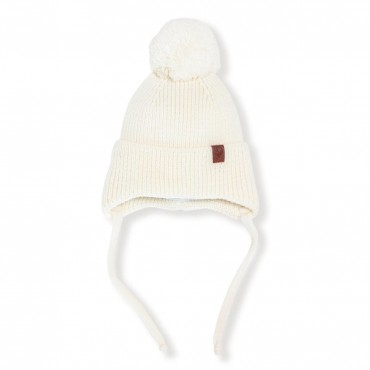 Вязаная шапочка на завязках с помпоном 46-50 см цвет: экрю 7095-02