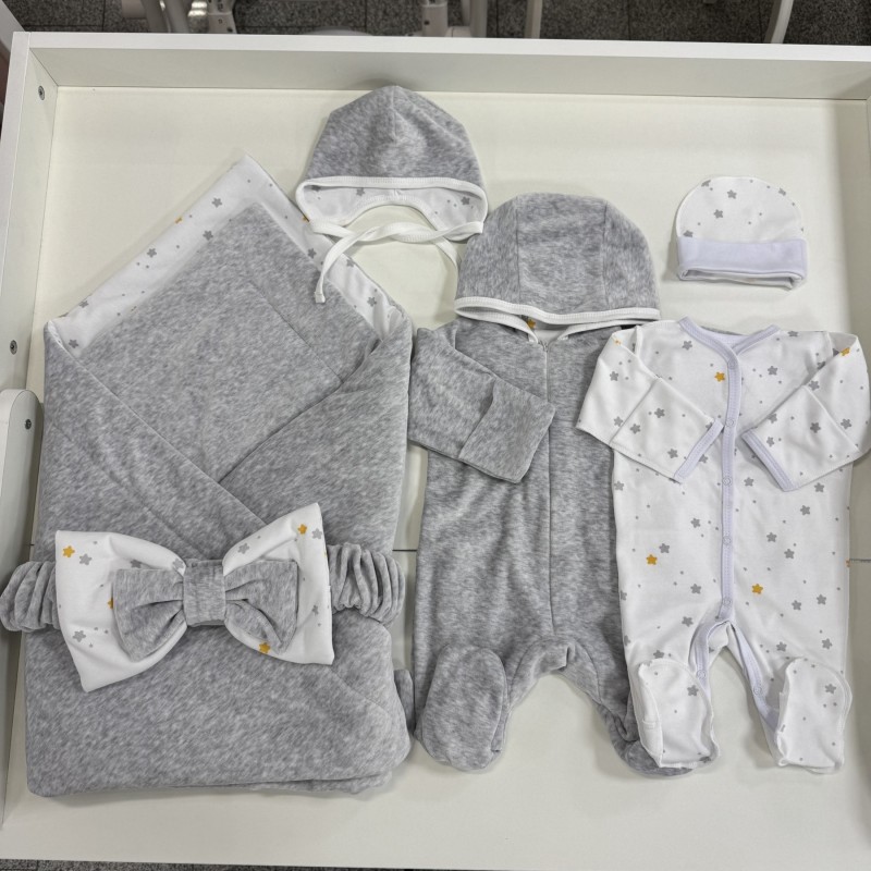 Комплект для малыша "Солнышко" ( premium) цвет: серый / серо-желтые звездочки 0291