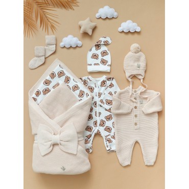 Комплект на выписку из роддома 8 предметов "ALPACA" цвет: бежевый / мишки шоколадные 0363