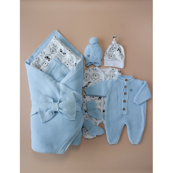 Комплект на выписку из роддома 8 предметов "ALPACA" цвет: голубой/пандочки и львята 0363