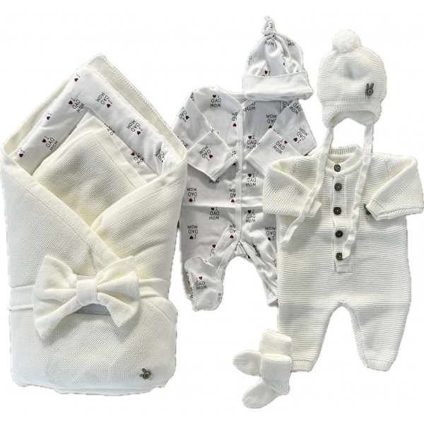 Комплект на выписку из роддома 8 предметов "ALPACA" цвет: молочный / I love mom&dad 0363