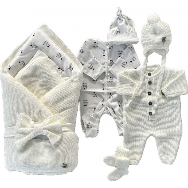 Комплект на выписку из роддома 8 предметов "ALPACA" цвет: молочный / I love mom&dad 0363