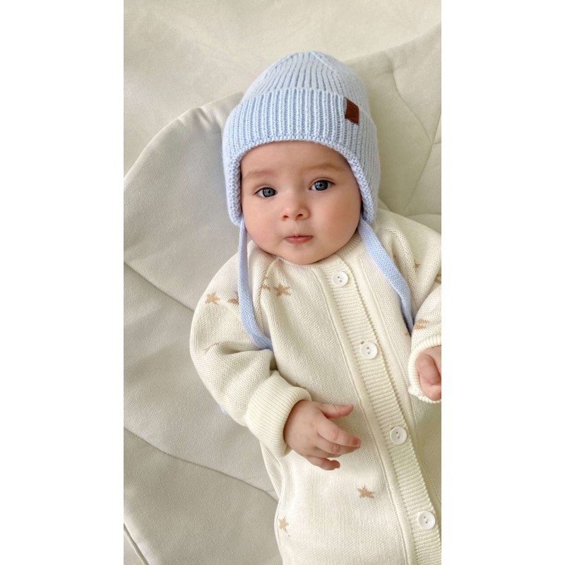 Шапочка вязаная на завязках 46-50 см цвет: светло-голубой 8095-12