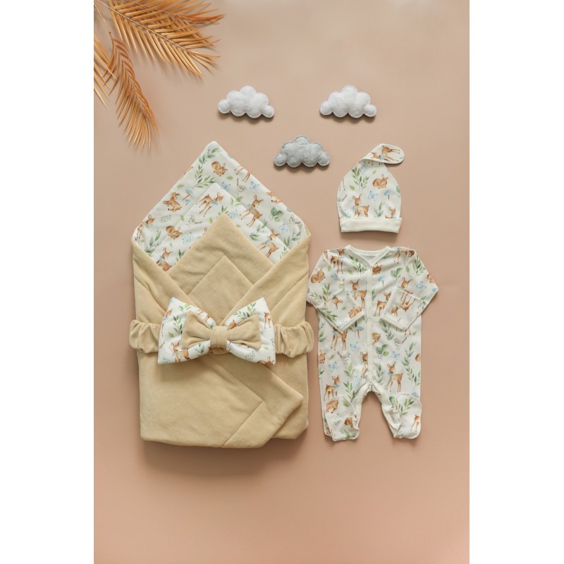 Комплект на выписку из роддома "ZOO" 4 предмета цвет: бежевый / оленята 0372