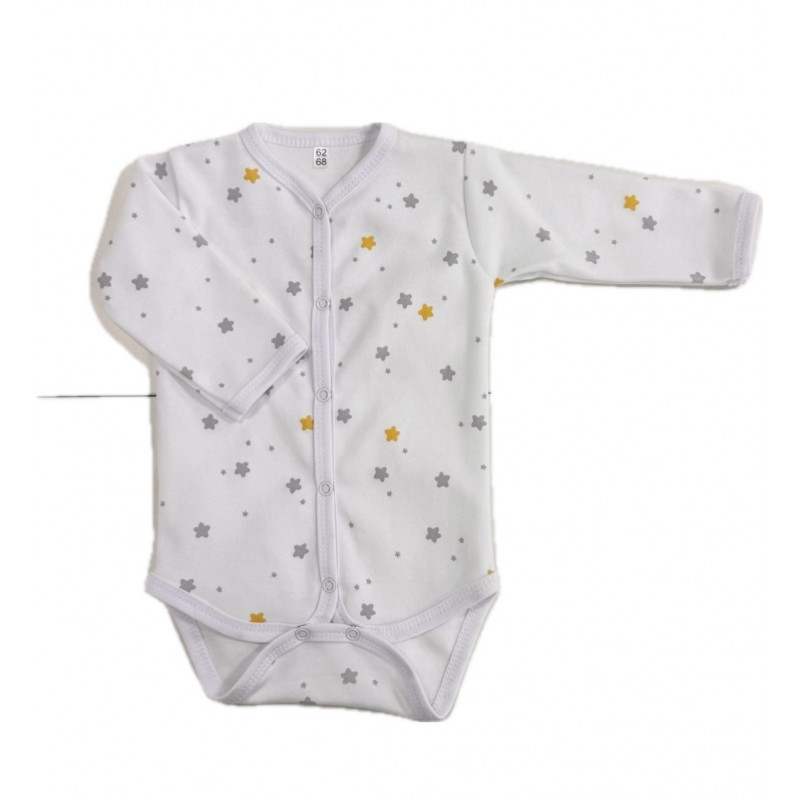 Боди с длинным рукавом на кнопках 68-74 см принт: серо-желтые звездочки Т-131 Боди с длинным рукавом на кнопках 68-74 см принт: серо-желтые звездочки Т-131