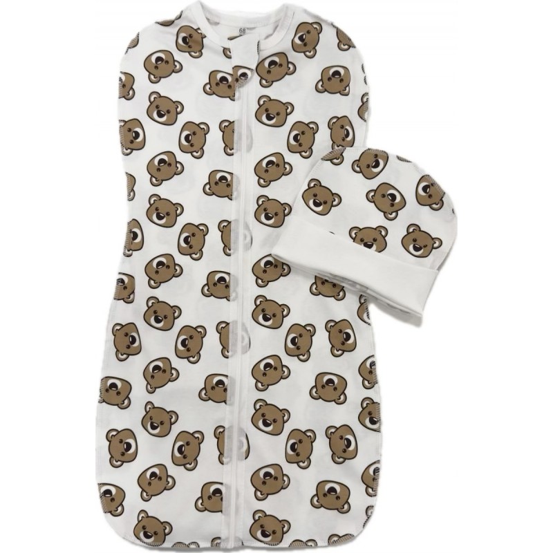 Пеленка-кокон на молнии с шапочкой 68-74 см принт: мишки Teddy шоколадные Т-007