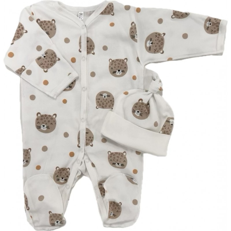 Комплект: Слип на кнопках + шапочка-узелок со швами наружу 56-62 см "Леопарды " Т-097