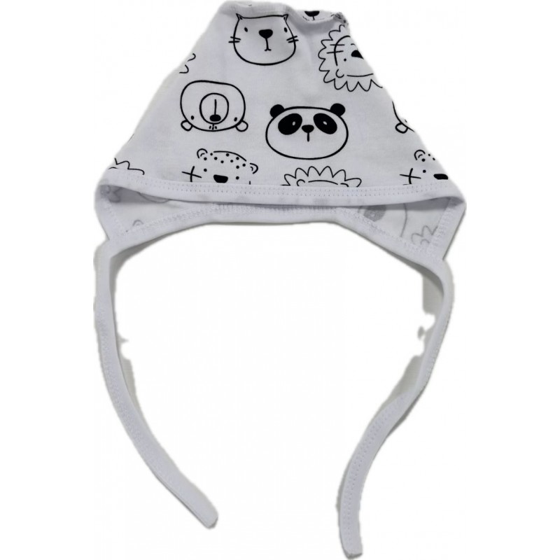 Чепчик с завязками и швами наружу 0-3 месяца принт: пандочки и львята Т-130
