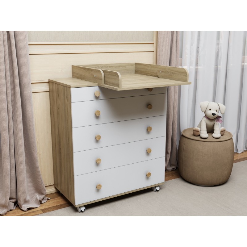 Комод пеленальный Lunna Teddy с колесами на 5 ящиков + пеленальная зона цвет: дуб/белый