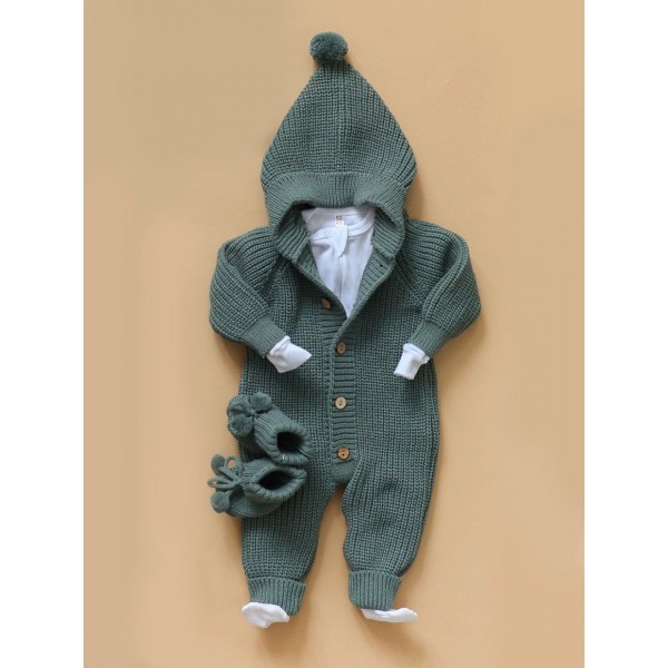 Вязаный детский комбинезон с капюшоном 56-68 см цвет: темно-зеленый В064