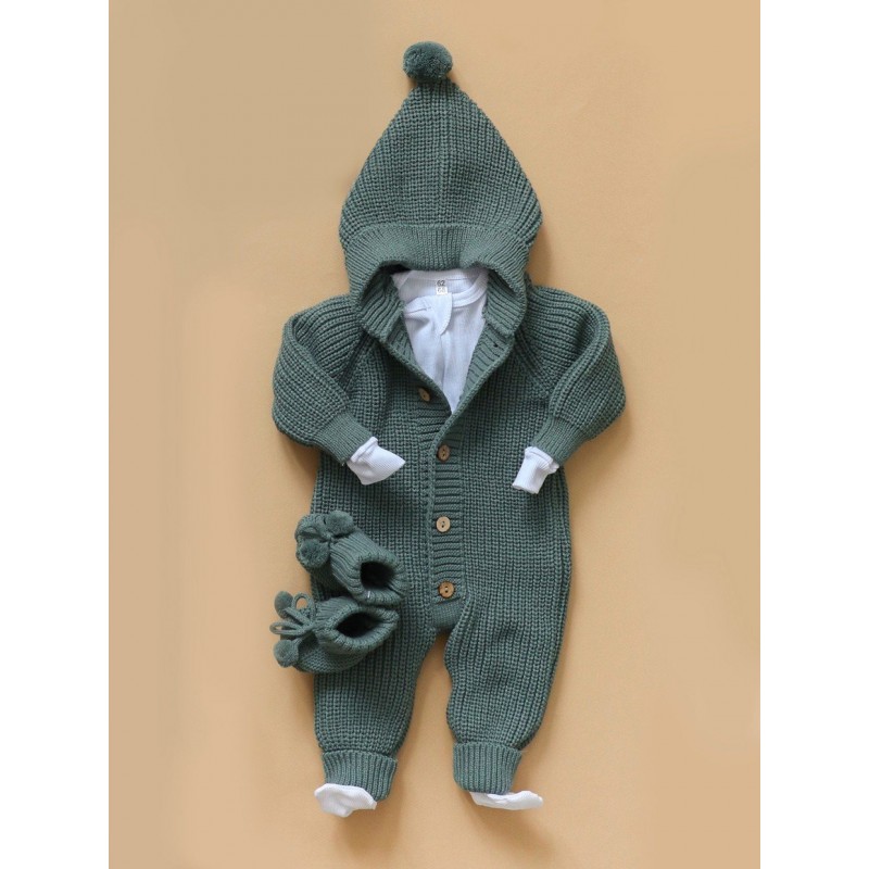 Вязаный детский комбинезон с капюшоном 56-68 см цвет: темно-зеленый В064