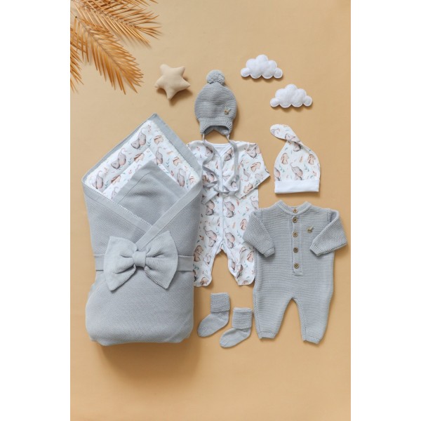 Комплект на выписку из роддома 8 предметов "ALPACA" цвет: серый /слоники и зайки 0363