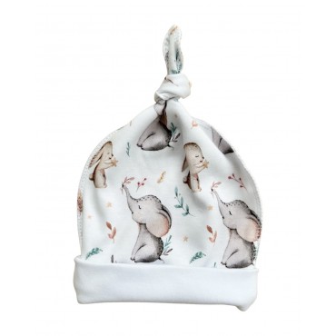 Чепчик с узелком и швами наружу 38-42 см принт: слоники и зайки Т-136