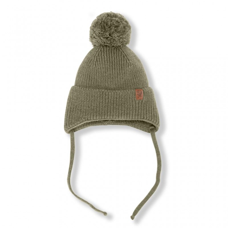 Вязаная шапочка на завязках с помпоном S 38-42 см цвет: светлый хаки 7095-119