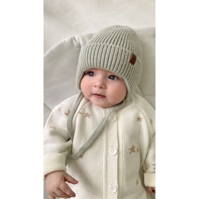 Шапочка вязаная на завязках 46-50 см цвет: шалфей 8095-231